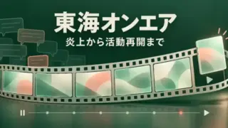 深緑の背景に動画フィルムと戻りゆくフレームを描き、「東海オンエア 炎上から活動再開まで」の文字を添えたアイキャッチ画像。