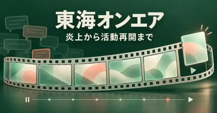 深緑の背景に動画フィルムと戻りゆくフレームを描き、「東海オンエア 炎上から活動再開まで」の文字を添えたアイキャッチ画像。