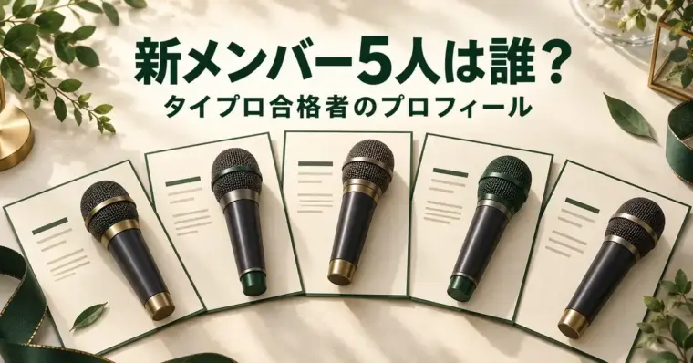5本のマイクとプロフィールカードを並べ、timeleszの新メンバー5人とタイプロ合格者のプロフィール紹介を表現した画像。